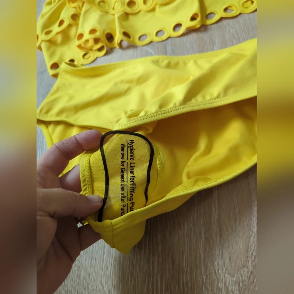 Habitual Girls Yellow 2 Piece Eyelet Ruffle Top And  Bikini Bottoms Swimsuit